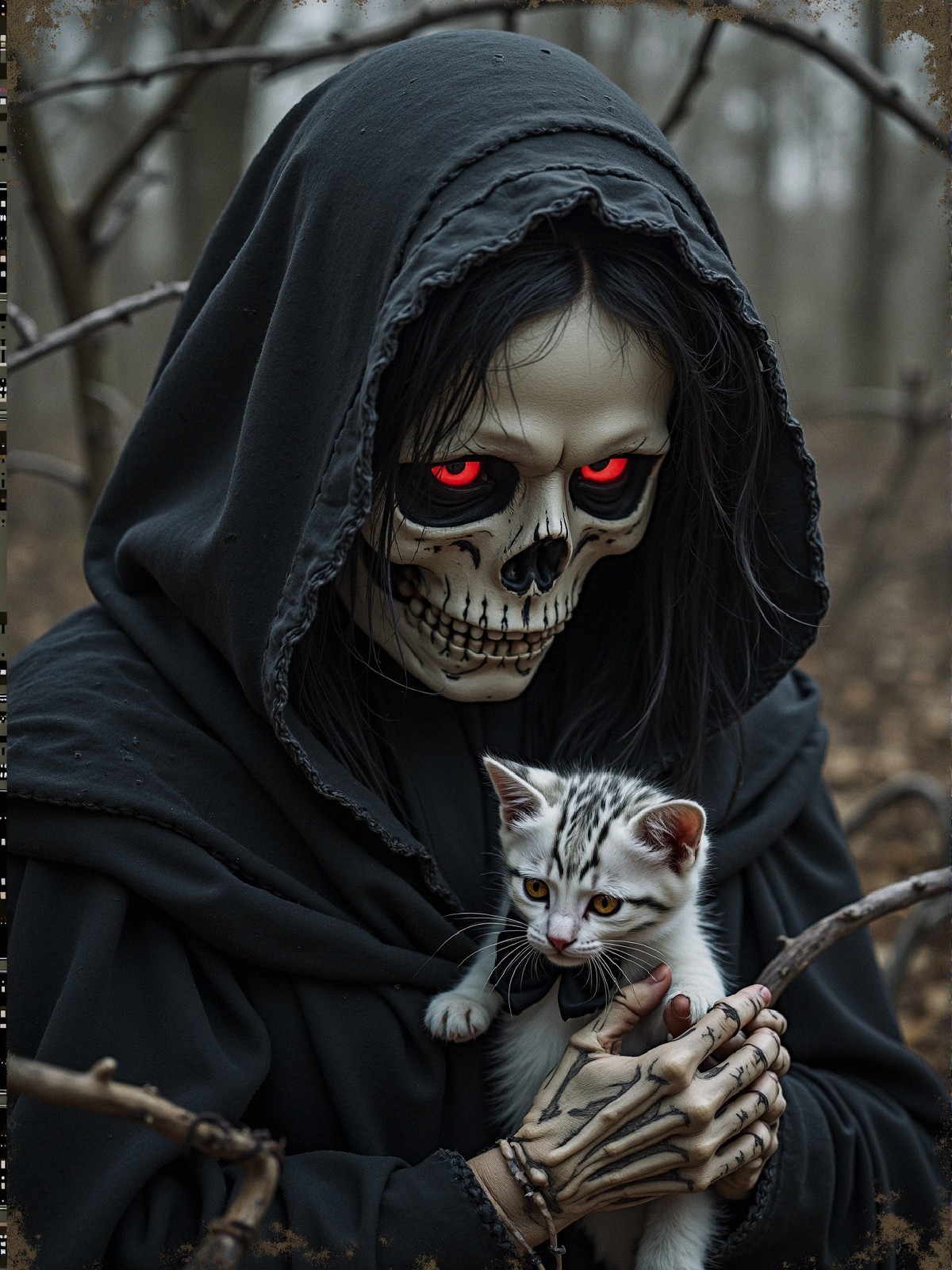Cloaked Figure with Skull Mask in Dark Forest Setting