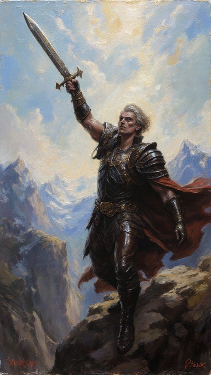 Muscular Warrior on Rocky Peak with Gleaming Sword