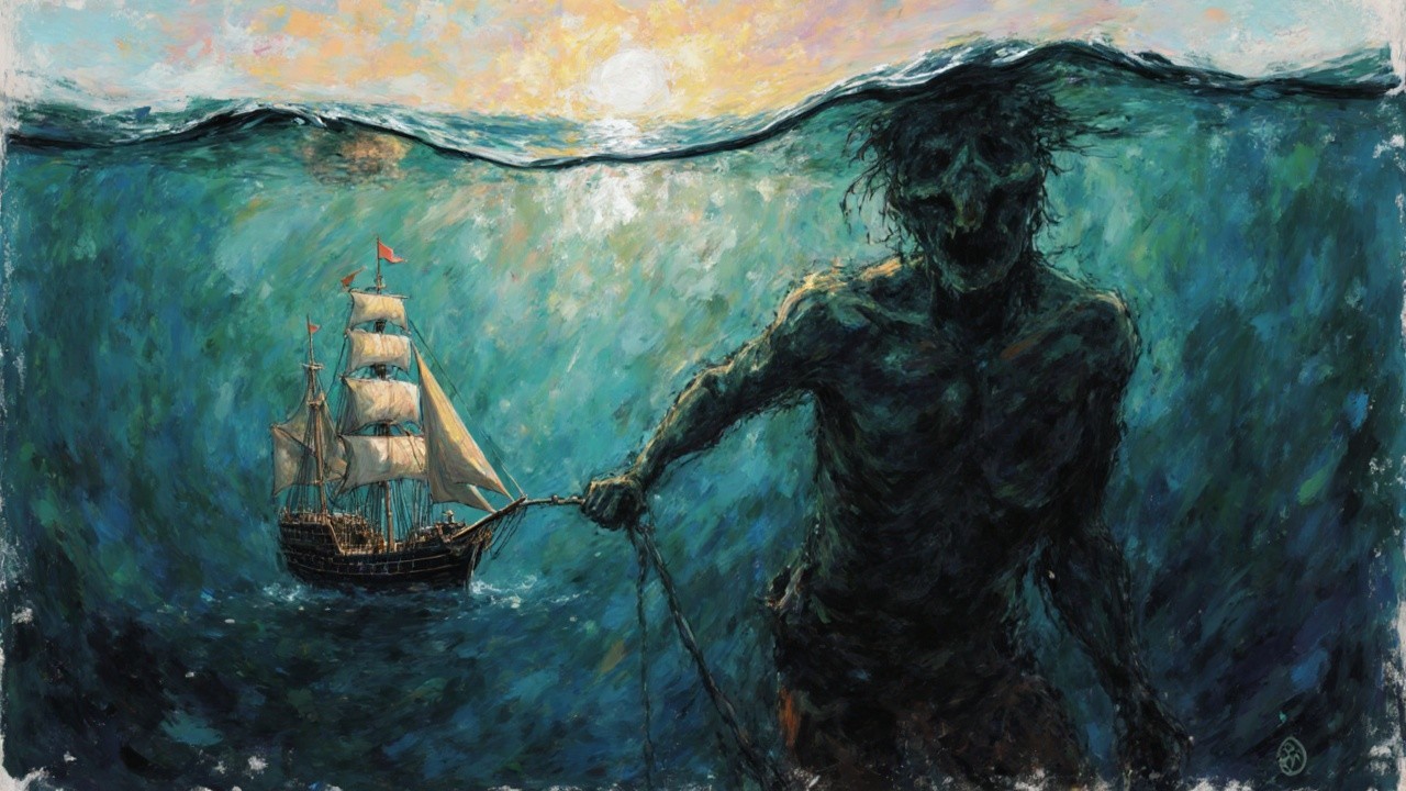 Submerged Figure and Sailing Ship in Ocean Scene