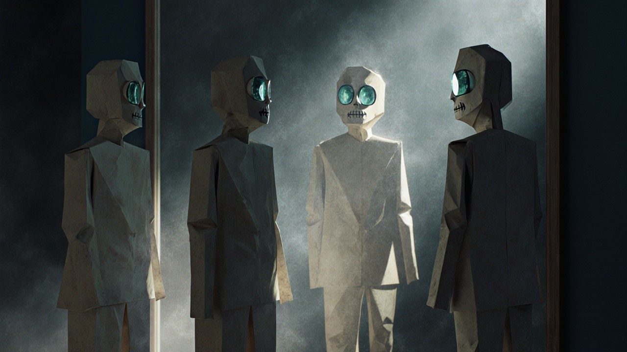 Abstract Humanoid Figures in a Misty Mirror Scene