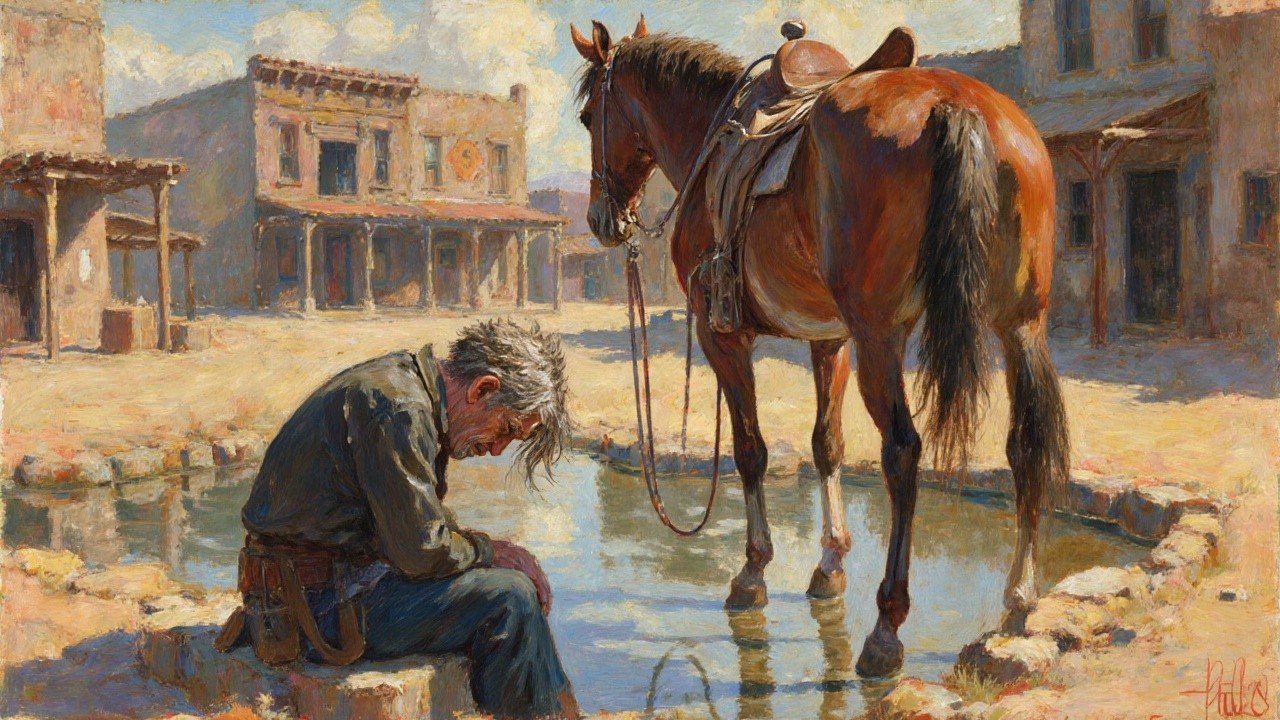 Cowboy in Dusty Town with Horse by Water Trough