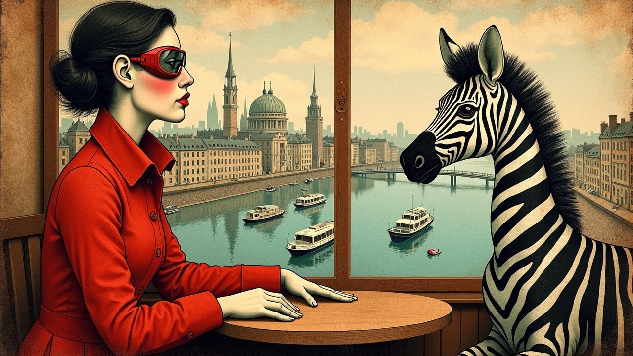 Fashionable Woman in Red Coat by Window with Zebra