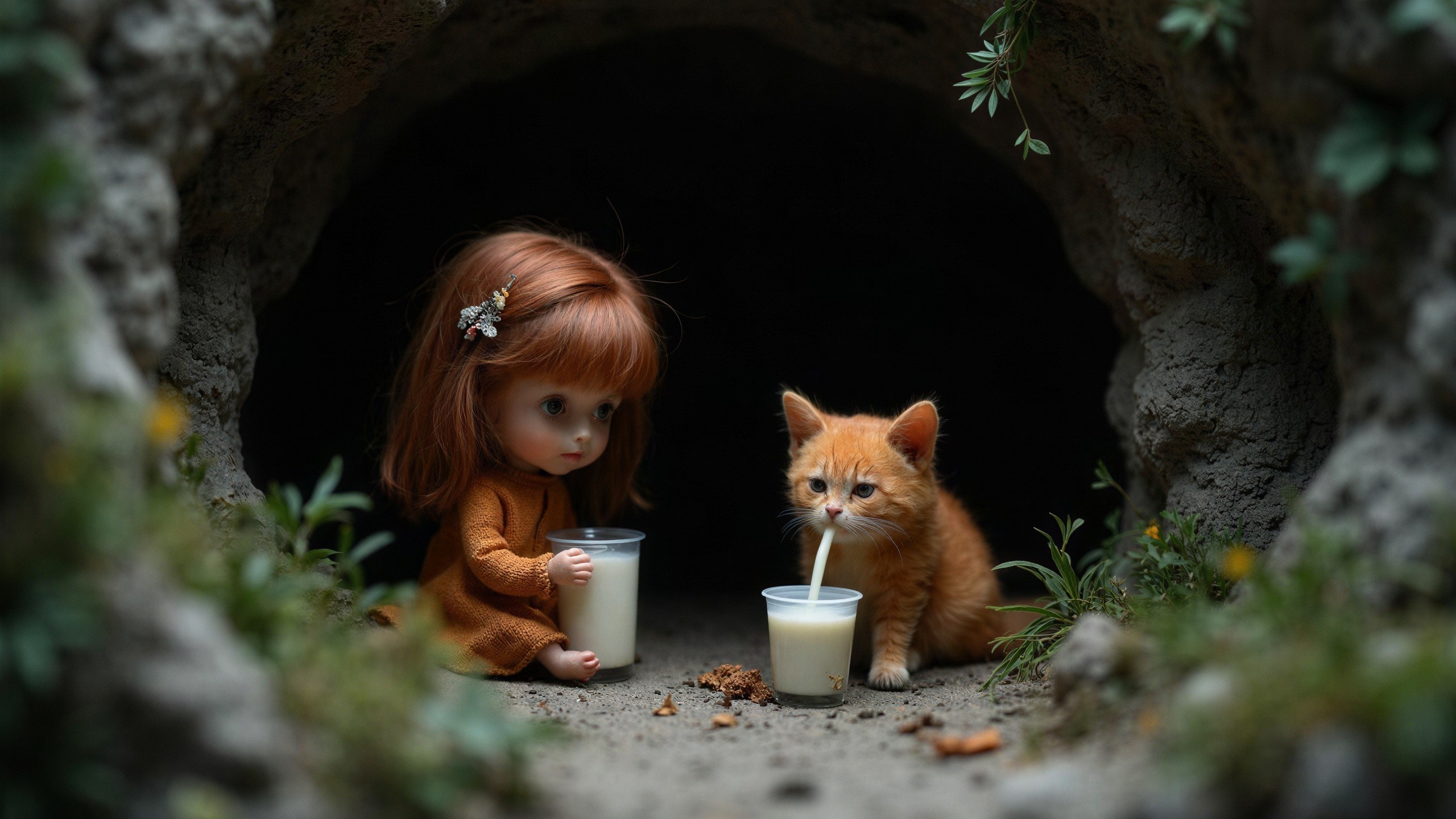 Doll and Kitten in Cave with Milk Cups and Leaves