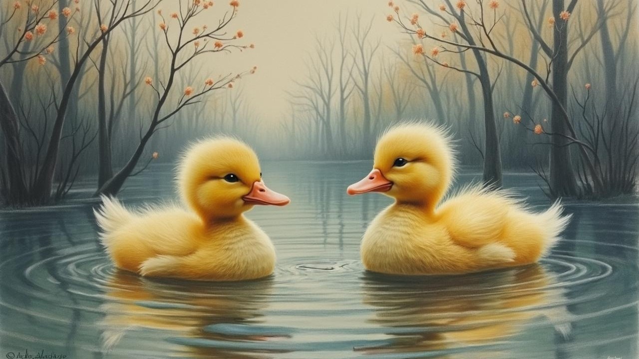 Fluffy Ducklings on a Misty Pond in Springtime