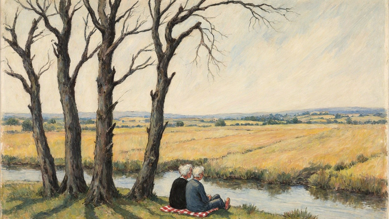 Elderly Couple by Tranquil Riverbank Landscape