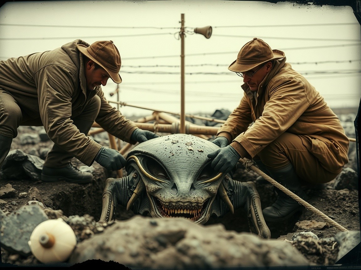 Men in Vintage Coats Examine Unearthed Alien Creature