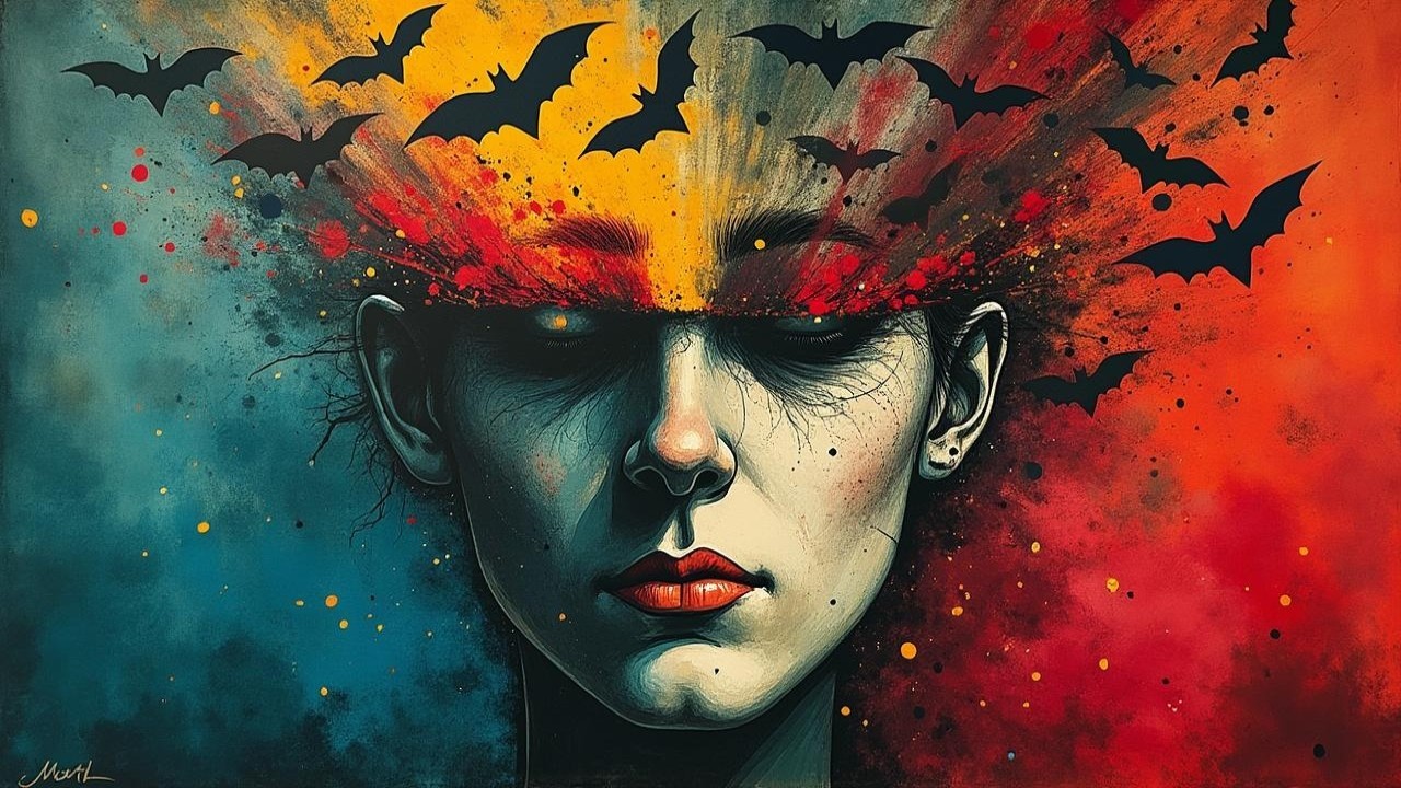 Artwork of a woman's face with contrasting colors and bats