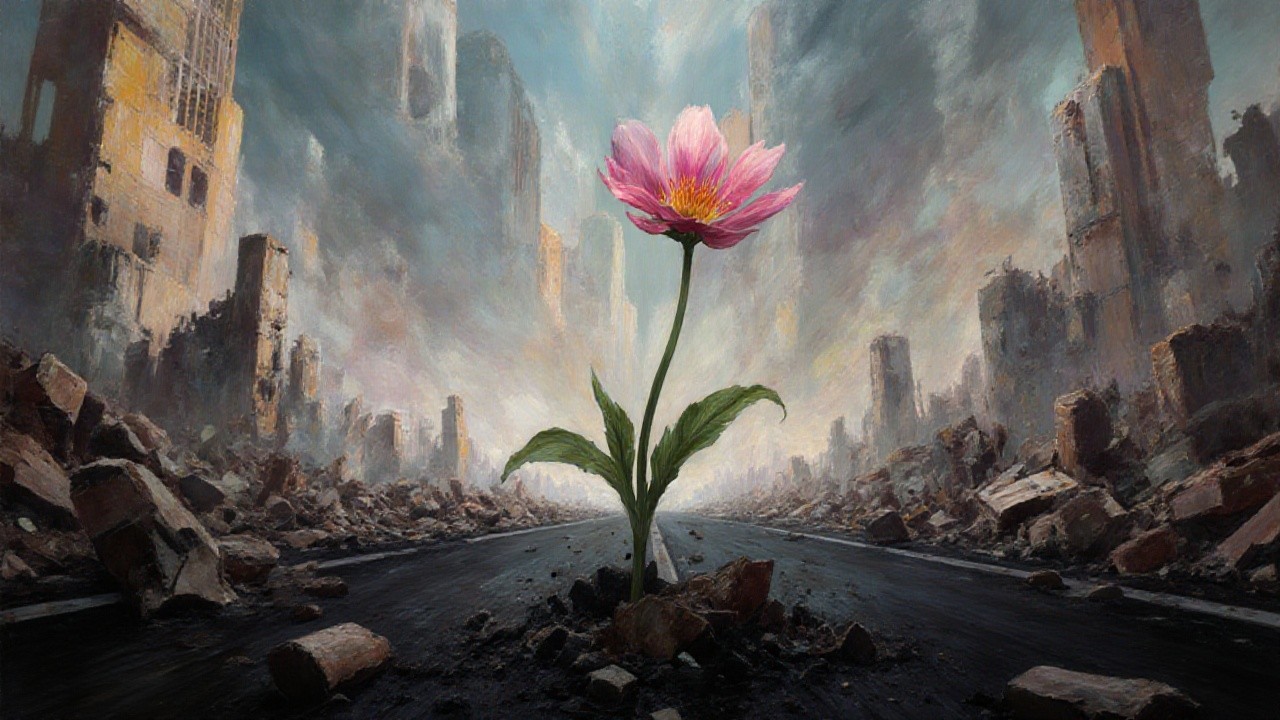 Vibrant Pink Flower in Post-Apocalyptic Landscape