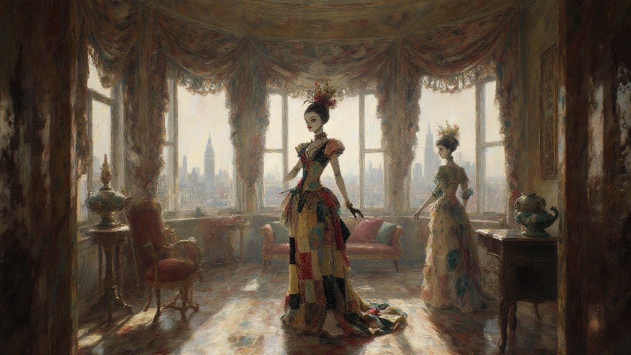 Victorian-era interior with elegantly dressed women