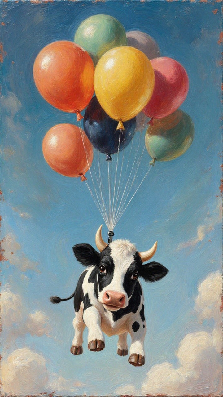Cow Floating in Sky with Colorful Balloons and Clouds