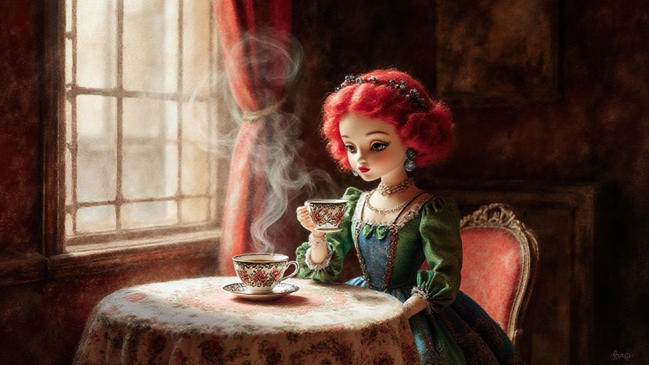 Doll with Red Hair in Vintage Decor and Teacup