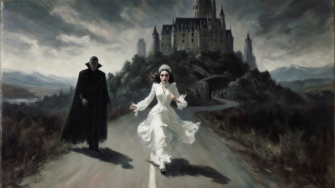 Woman in White Dress Running from Shadowy Figure