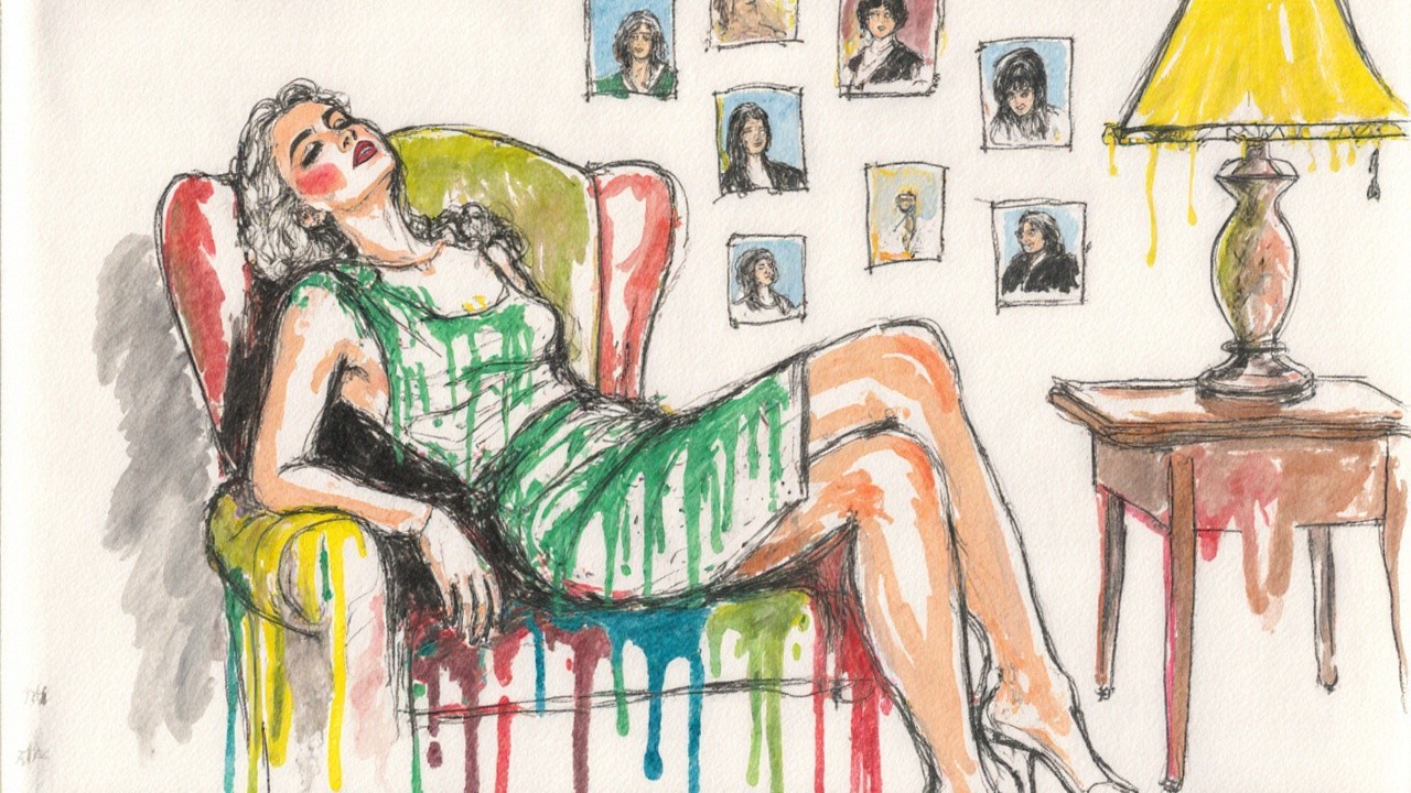 Woman in Colorful Armchair Surrounded by Art