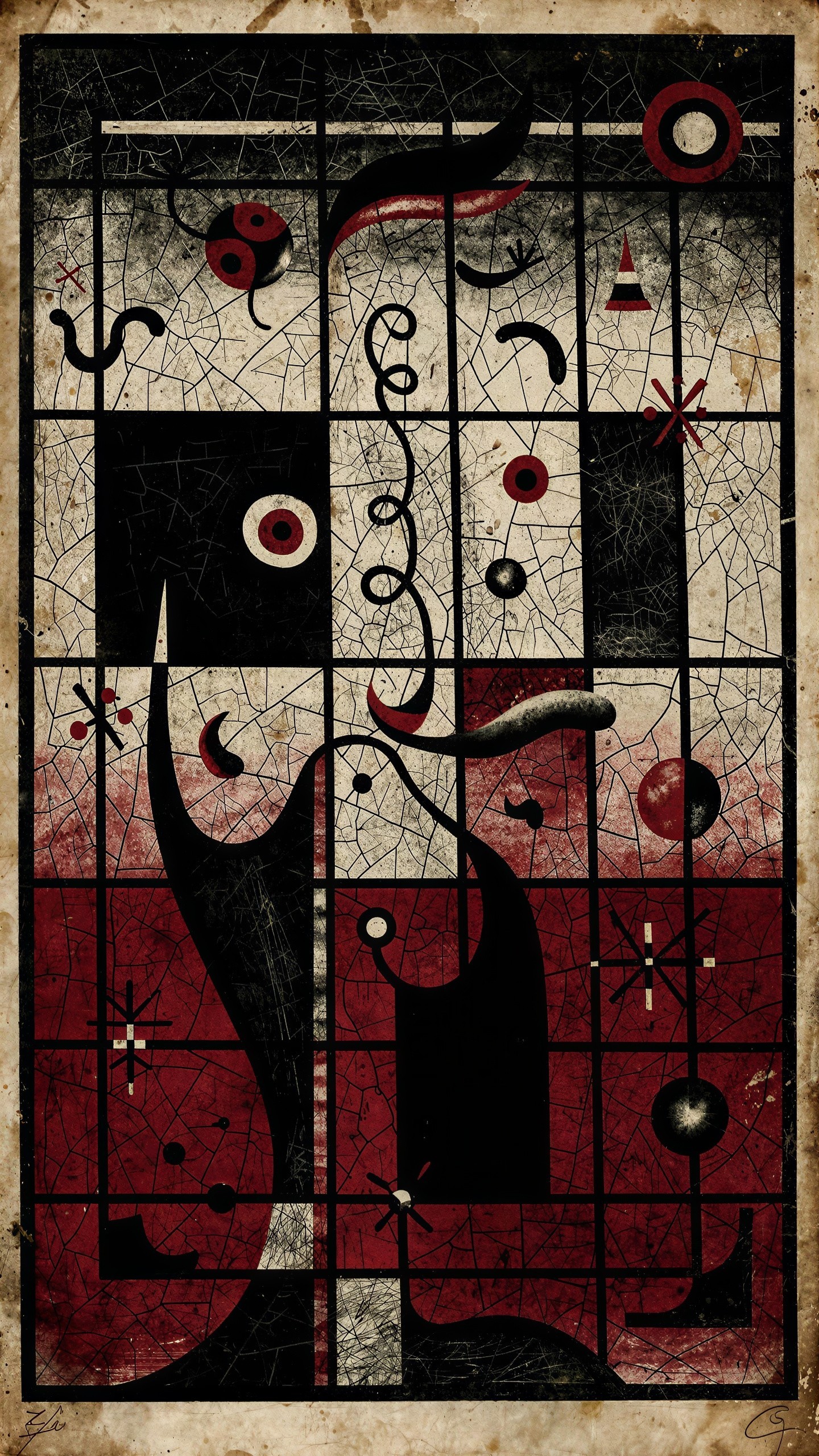 Surrealist Abstract Painting with Grid and Textured Elements