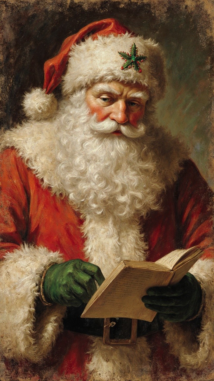 Santa Claus in Red Coat with Open Book and Festive Atmosphere