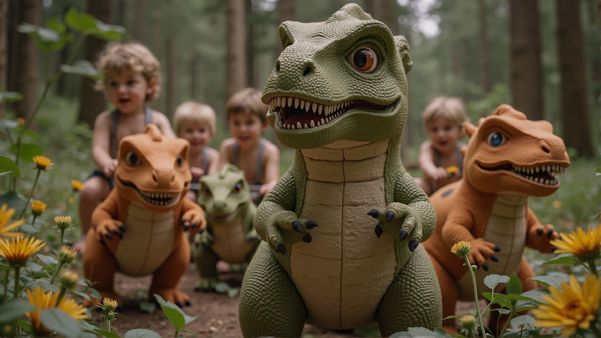 Children Riding Colorful Dinosaur Toys in a Forest