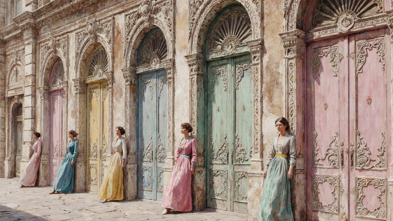 Six Women in Pastel Dresses by Vintage Doors