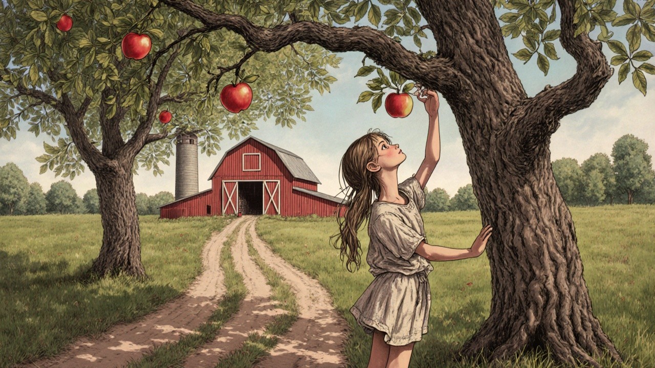 Young girl picking apple in serene countryside scene