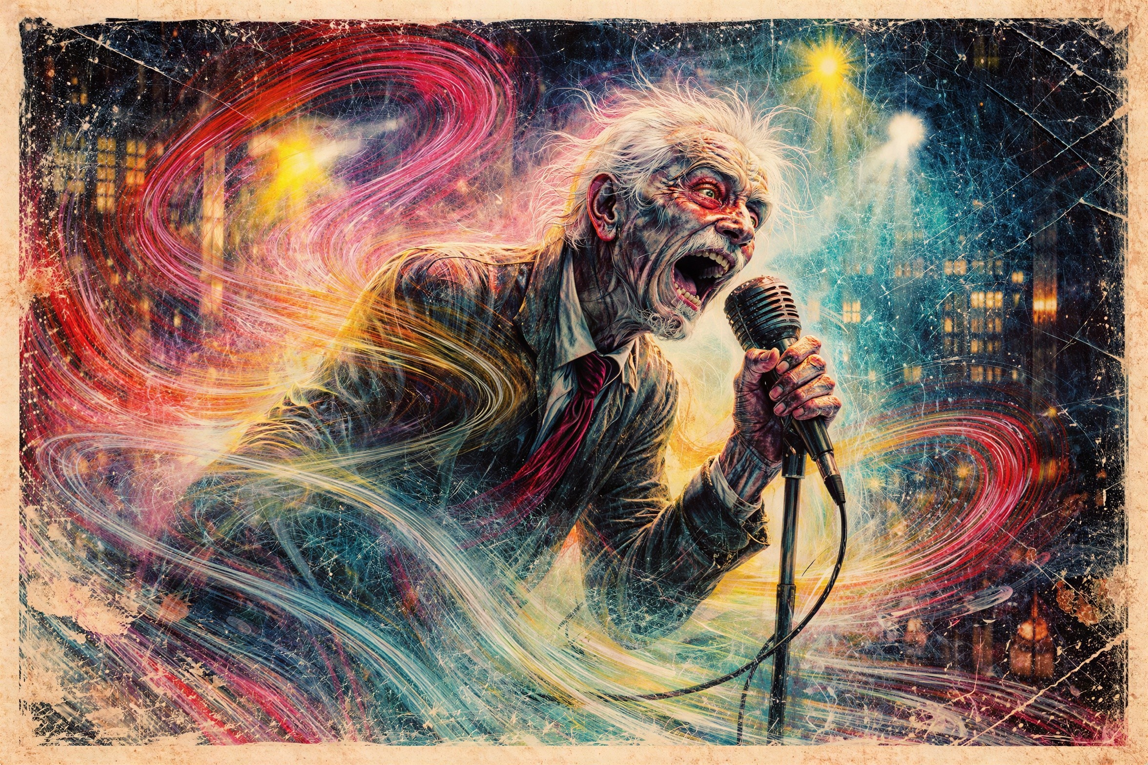 Vibrant Mixed Media Artwork of a Screaming Man