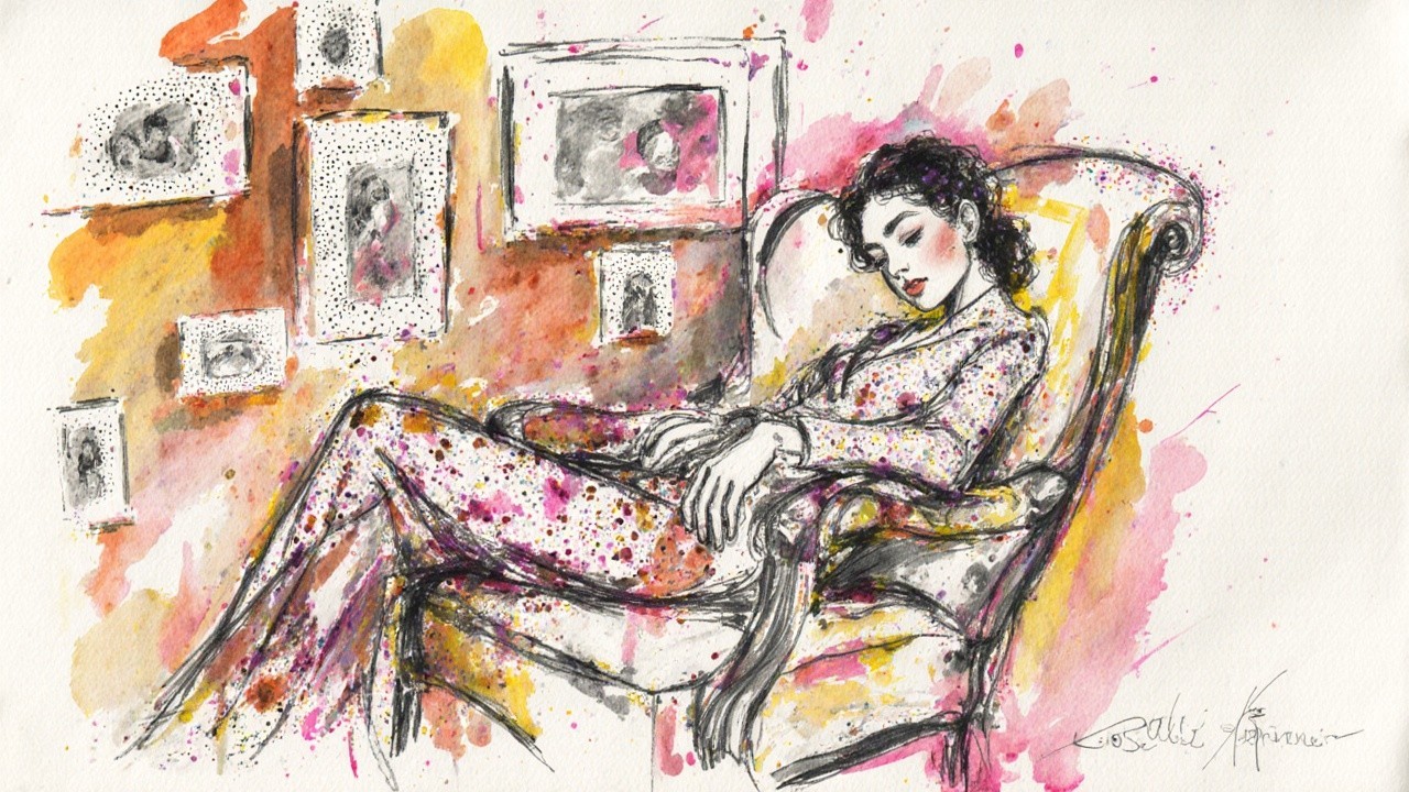 Graceful Woman in Elegant Armchair with Watercolor Art