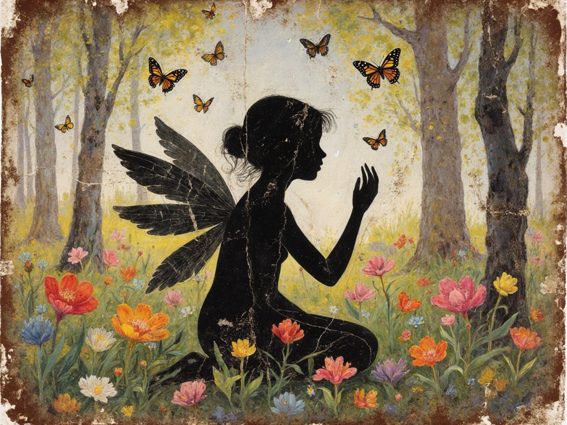 Fairy Silhouette in a Colorful Flower Meadow