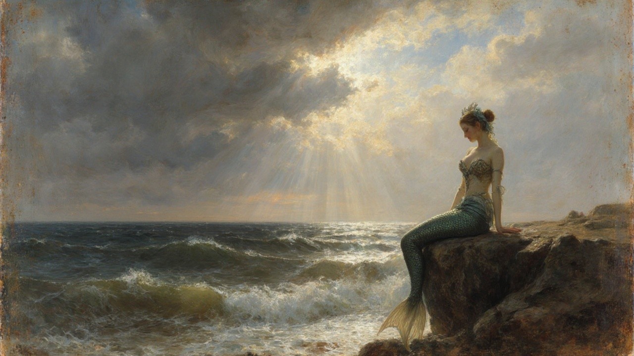 Mermaid on Rocky Shore with Ocean Waves and Sunlight