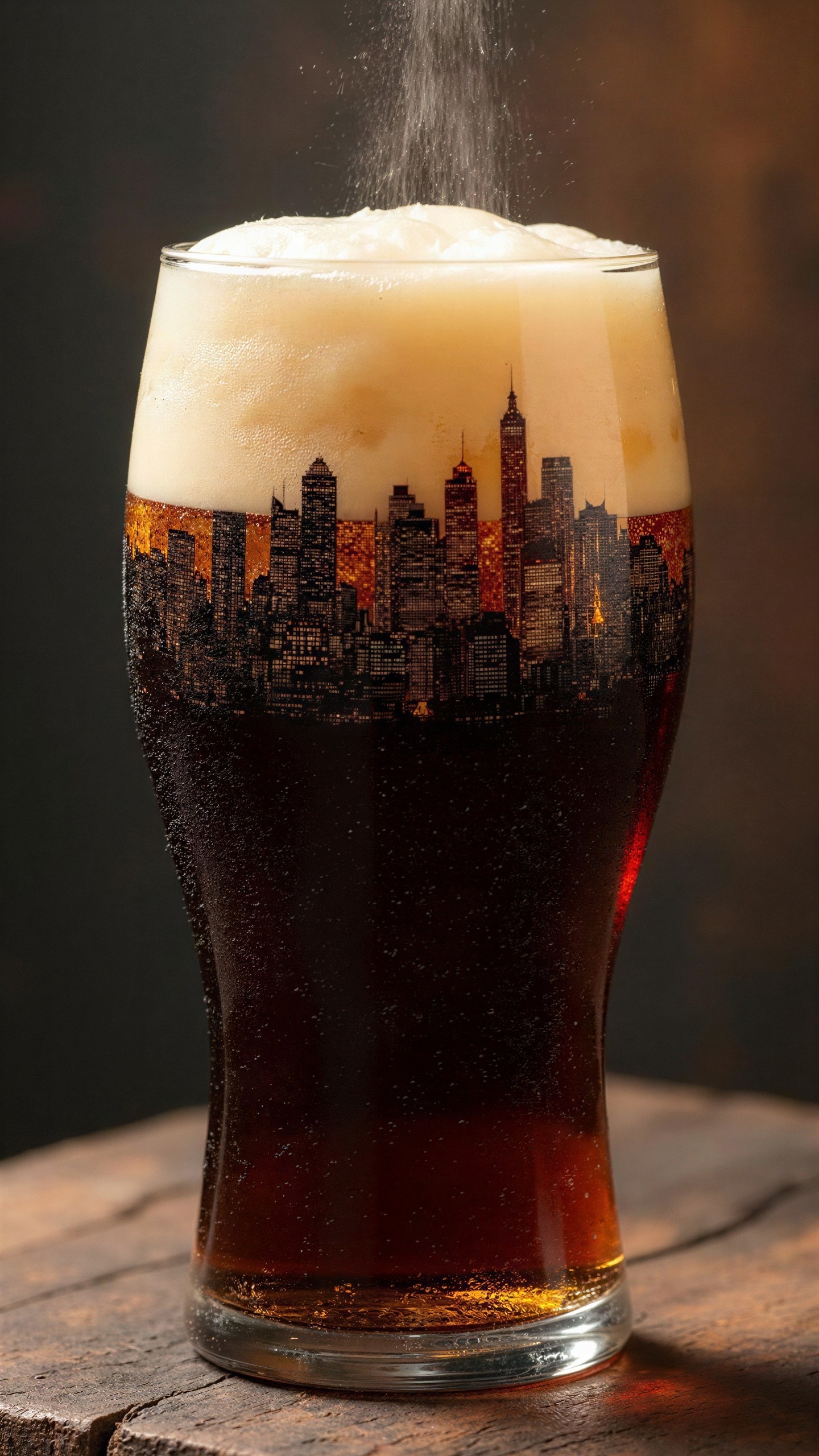 Close-up of a drinking glass with dark beverage and foam