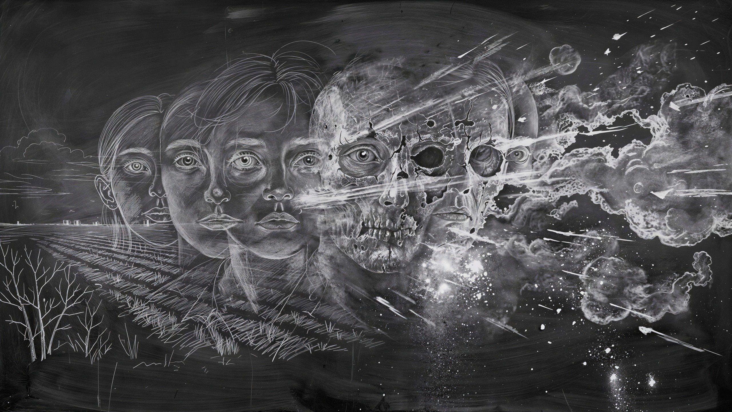 Black and white artwork depicting face to skull decay