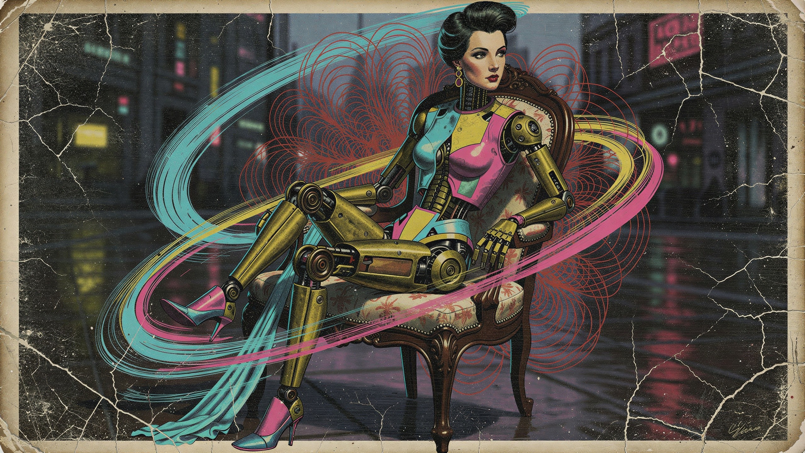 Cybernetic Woman in Vintage Style Urban Setting