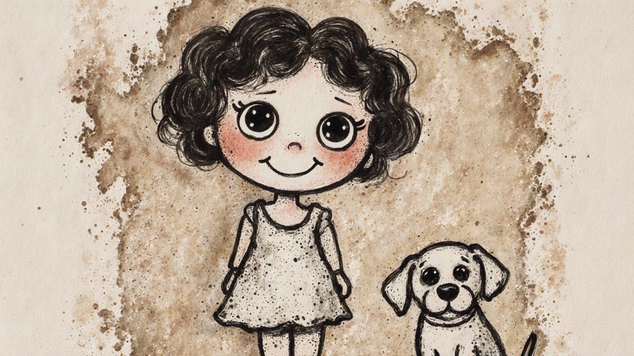 Young girl with dog in whimsical illustration