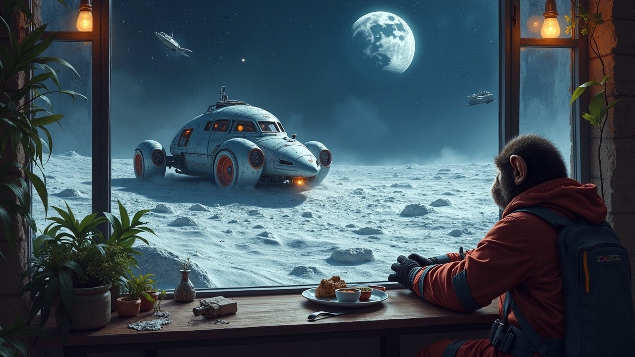 Monkey in Space Suit Observing Moon and Space Vehicle