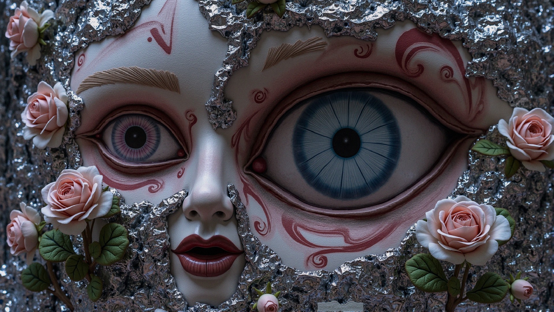 Art Piece with Silver Foil Face and Floral Elements