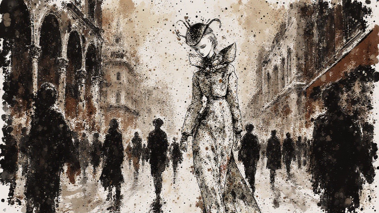 Elegant figure in gown amid misty urban street scene