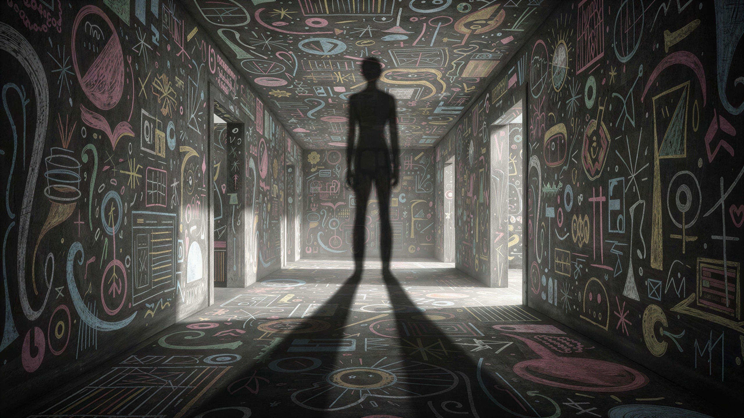 First-person view of a chalk-drawn hallway scene
