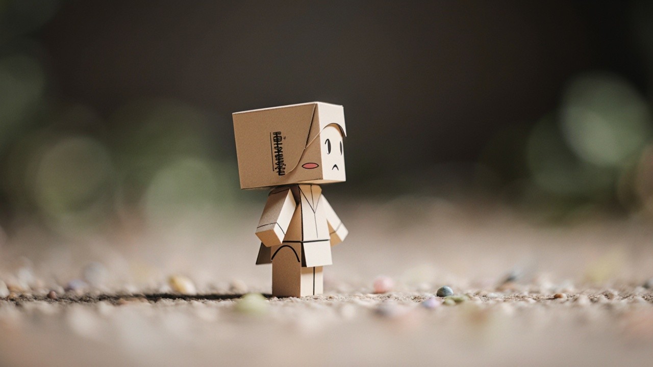 Animated Cardboard Figure on Textured Surface with Pebbles