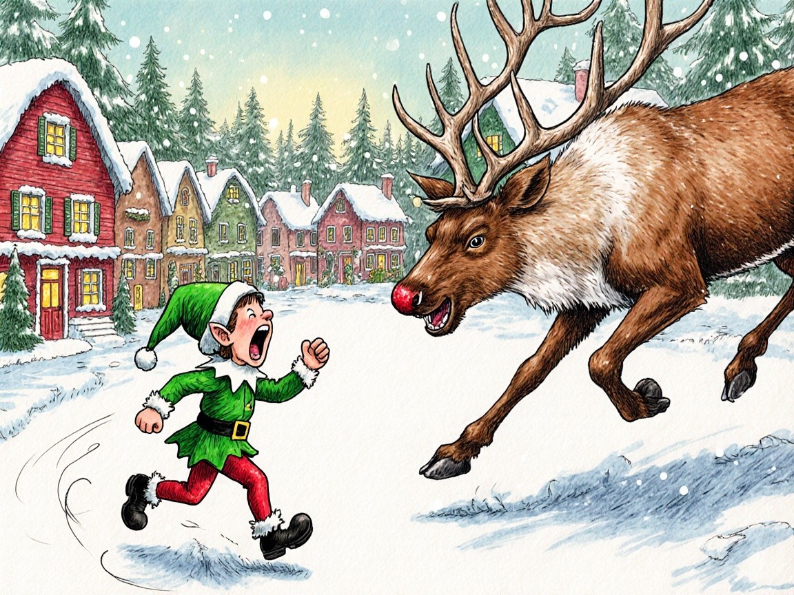 Whimsical Winter Scene with Elf and Reindeer in Village