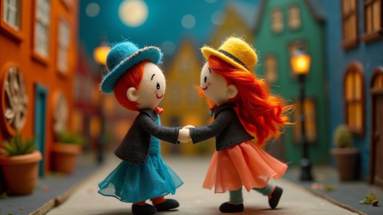 Colorful Dolls Dancing Under Moonlight in Street Scene