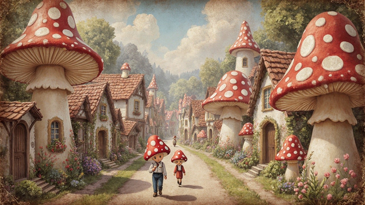 Whimsical Village with Oversized Mushrooms and Cottages