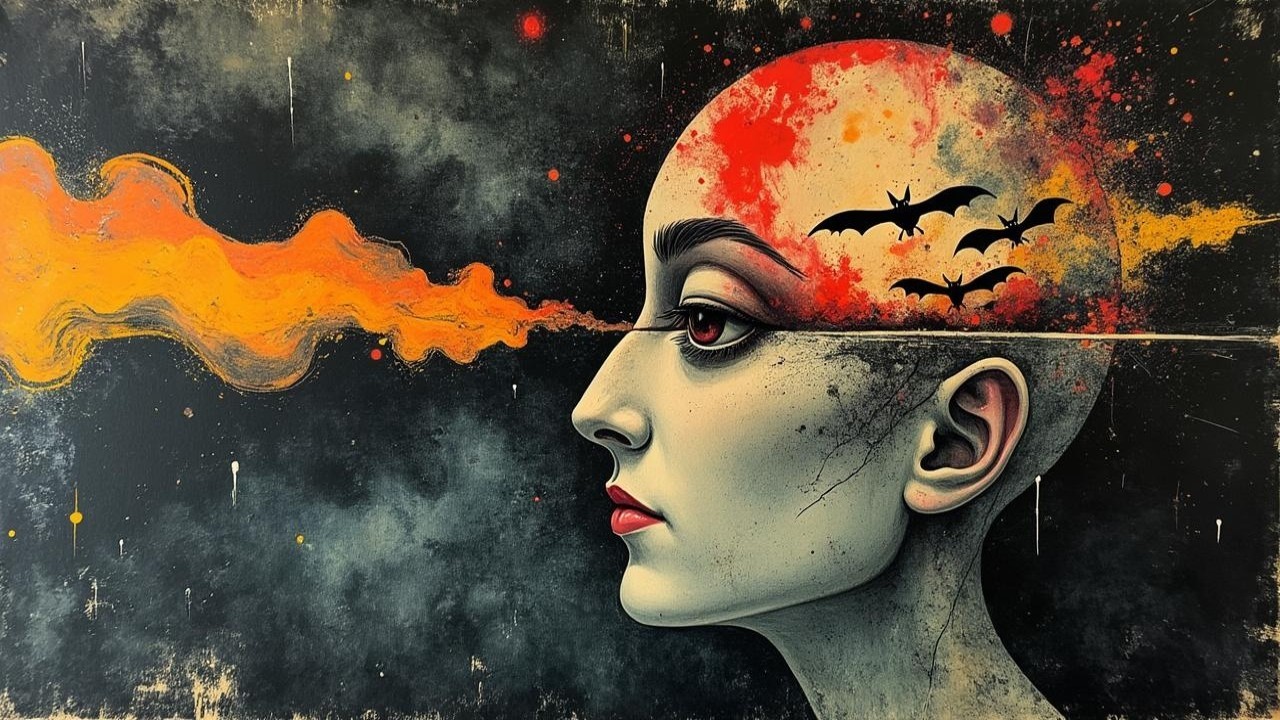 Bald Woman with Vibrant Colors and Bats in Artwork
