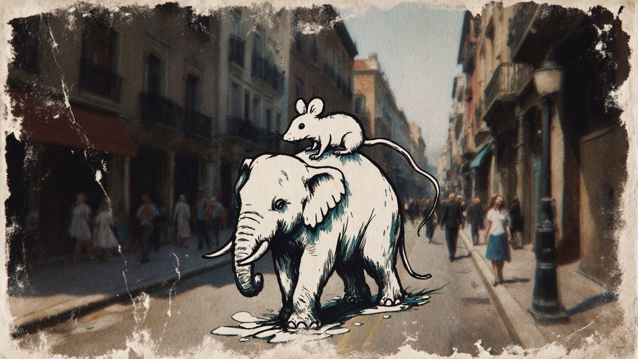 Elephant and Mouse in a Vibrant Urban Street Scene