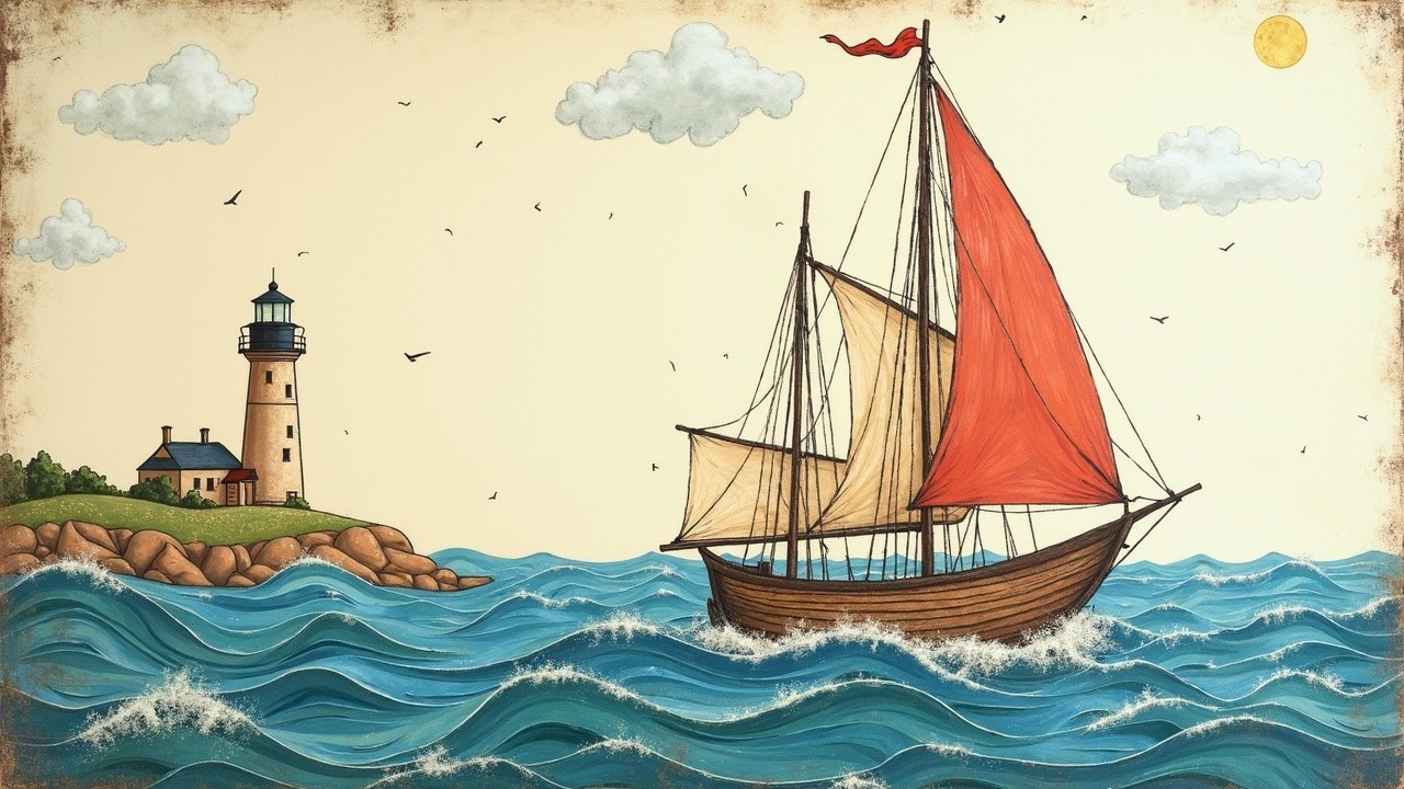 Coastal Scene with Lighthouse and Sailboat on Waves