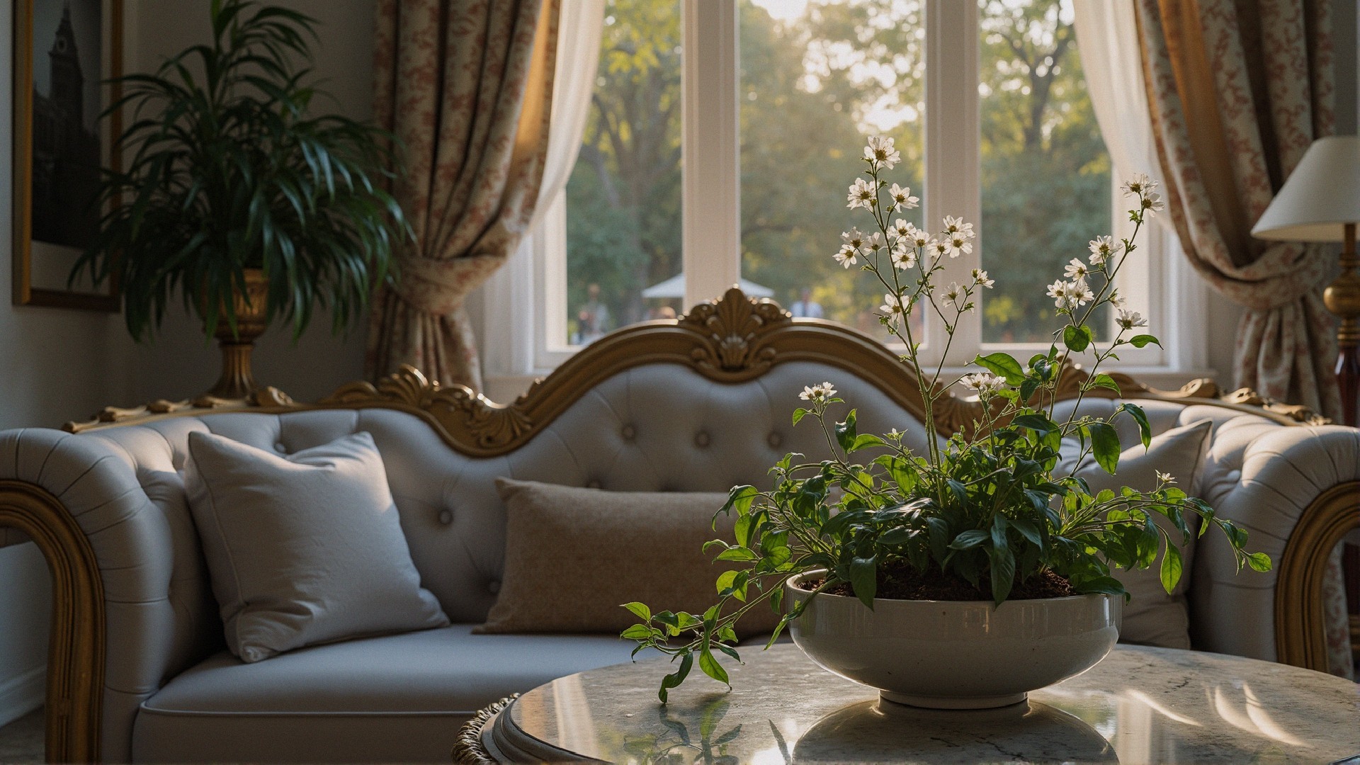 Elegant Cream Sofa in Softly Lit Living Room