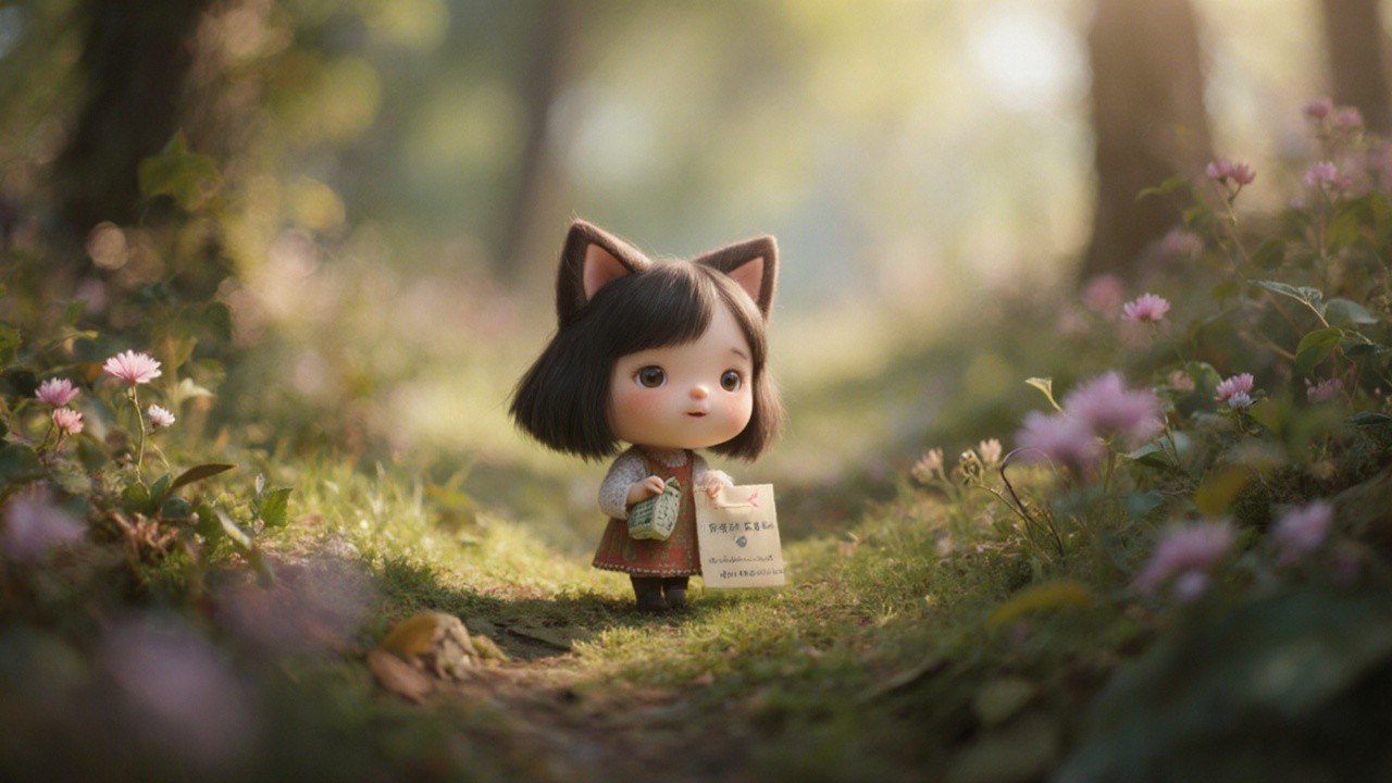 Small doll with cat ears in a sunlit forest path