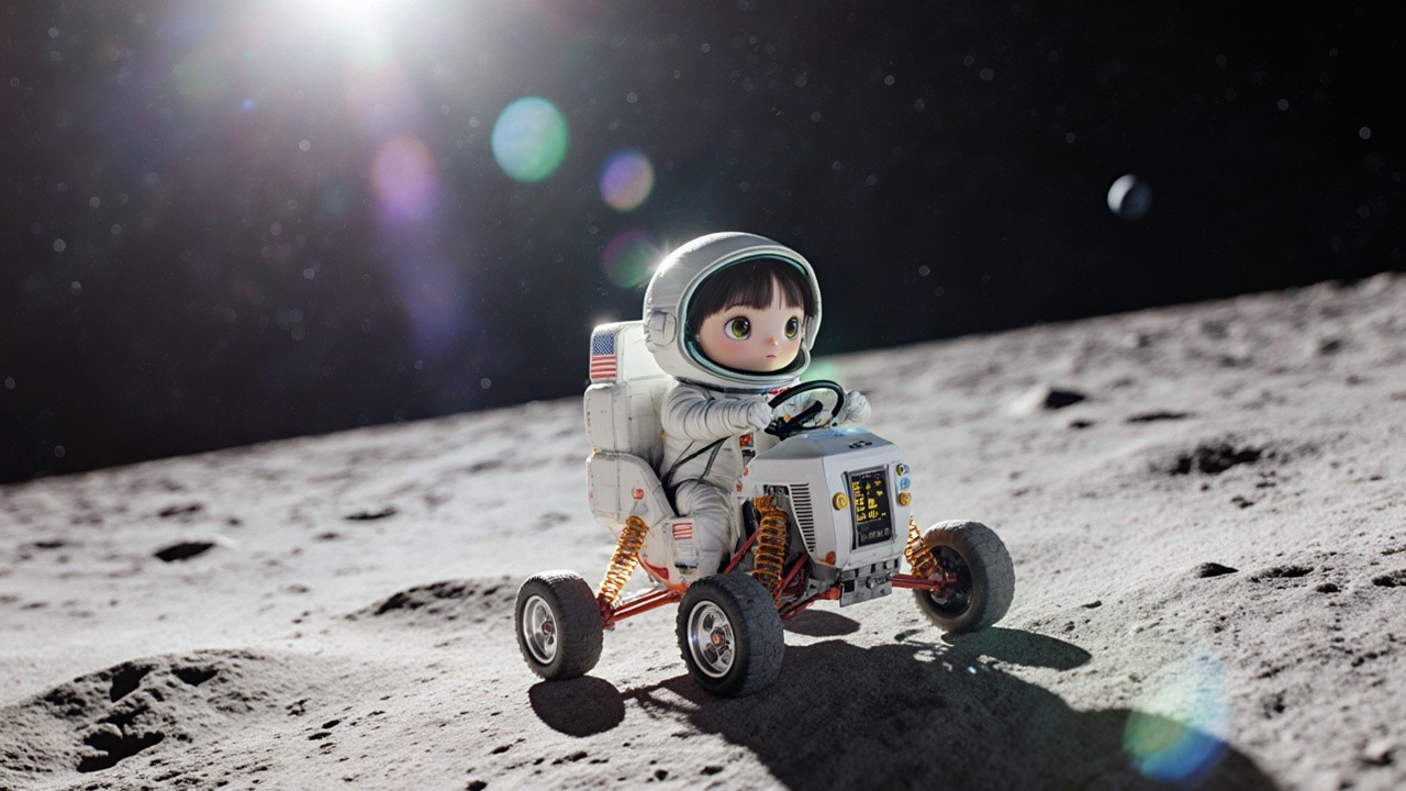 Cartoon Astronaut Child Driving Lunar Rover on Moon