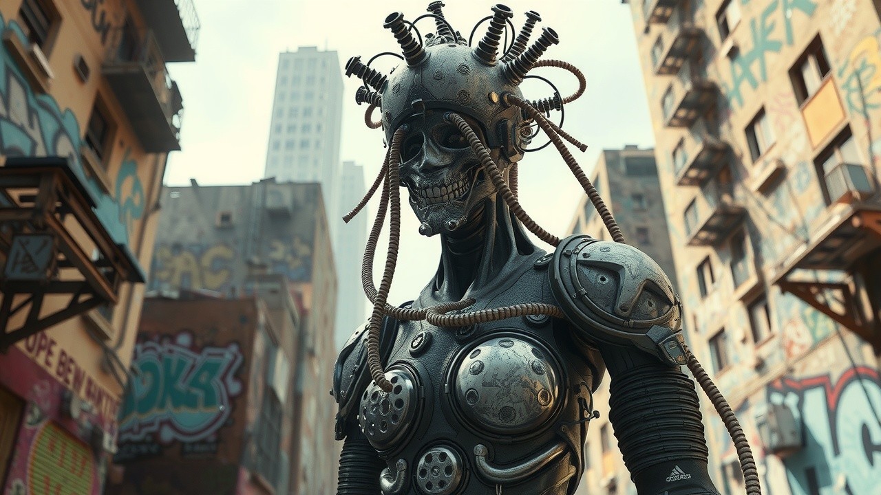 Humanoid Robot in Graffiti-Covered Urban Setting