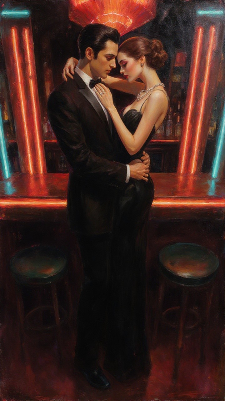 Elegant Couple in Dimly Lit Bar with Neon Lights
