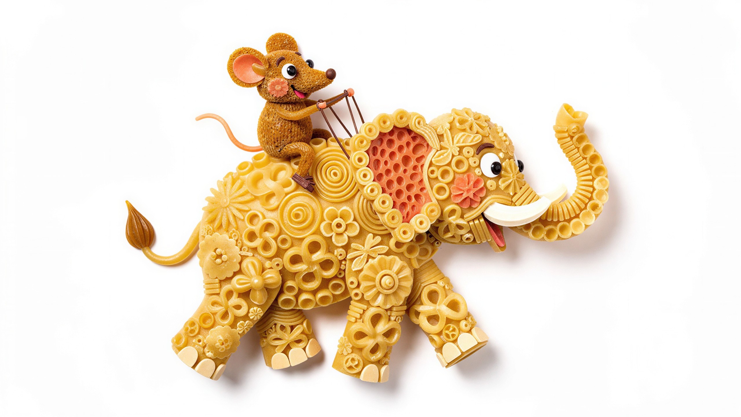 Pasta Sculpture of Mouse on Gold Elephant Design