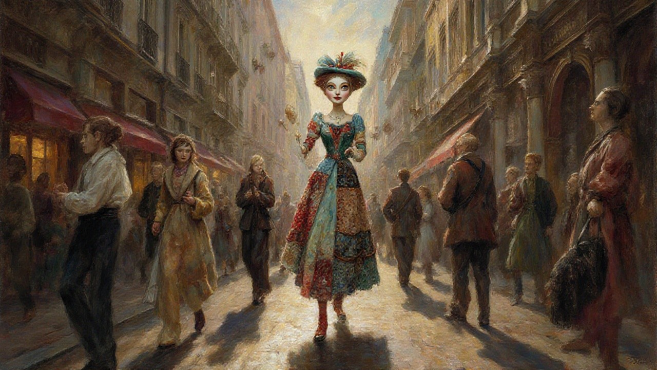 Young Woman in Vibrant Patchwork Dress on Busy Street