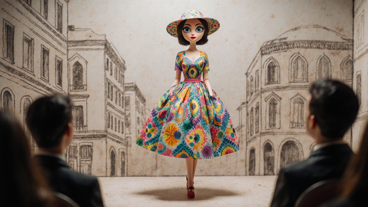 Stylish Doll on Runway in Colorful Tie-Dye Dress