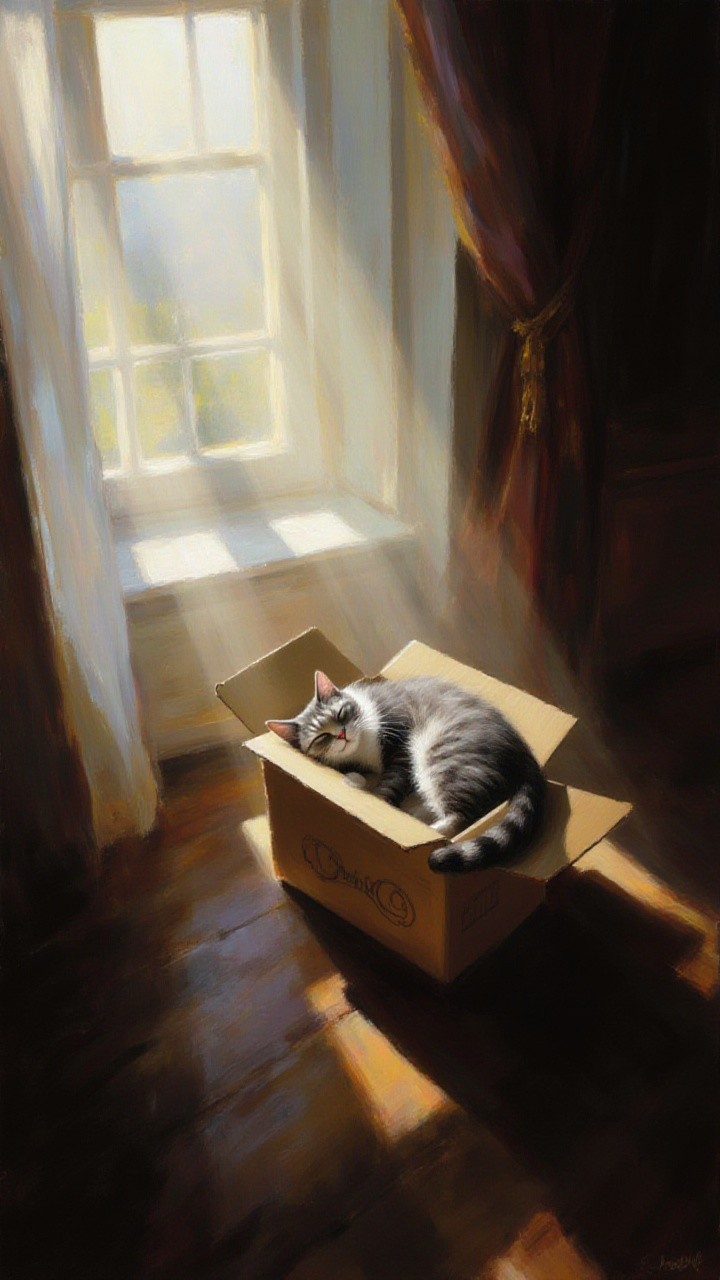 Cozy Cat Sleeping in Cardboard Box with Sunlight